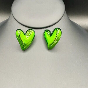 Metallic Neon Green Witches Heart Fun Party Earrings